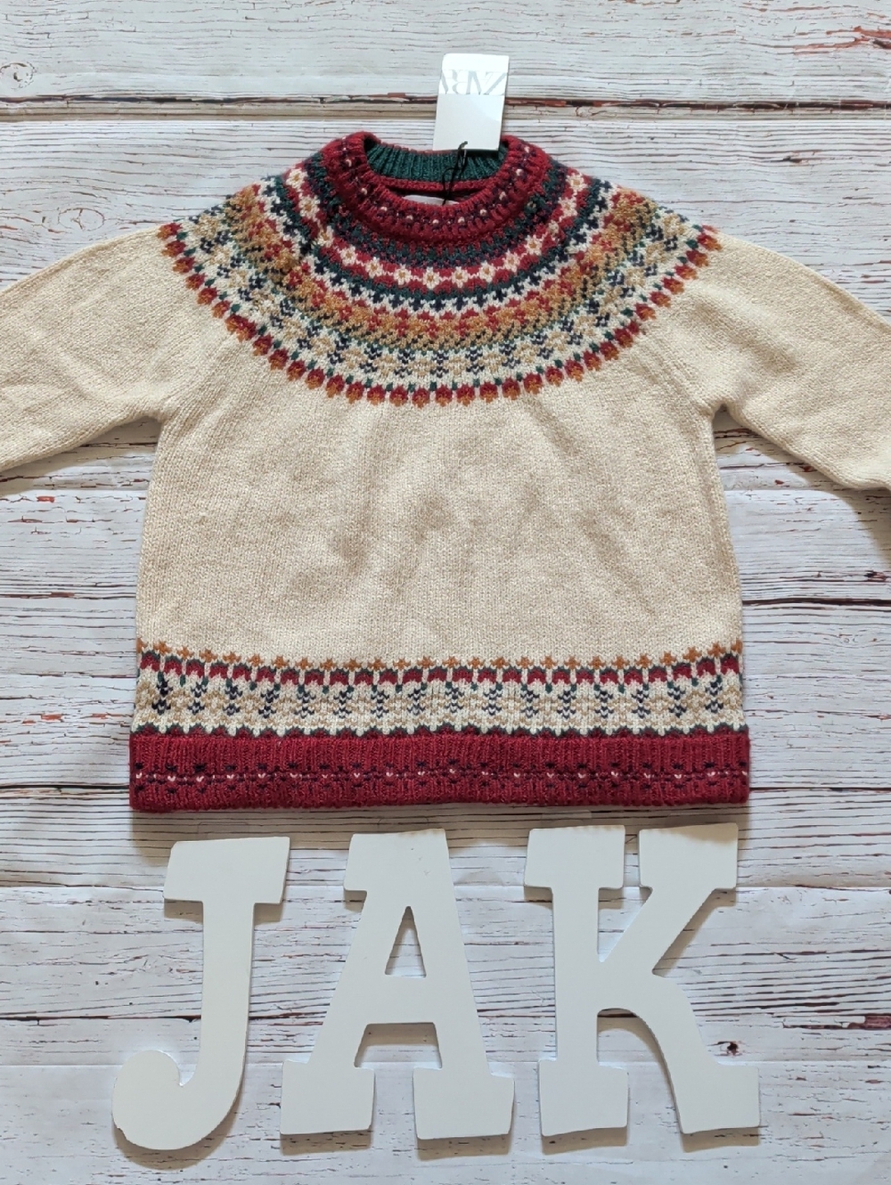 🆕 Zara Girl's Cream Knit Sweater with Red Trim and Multicolor Design
